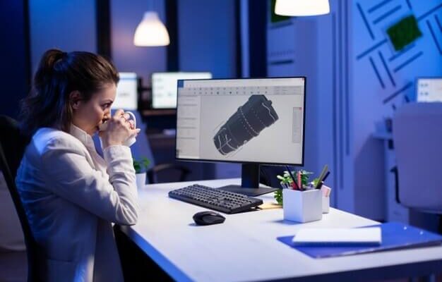 Woman Engineer Working Late Night 3d Model Industrial Turbine While Drinking Coffee Front Computer 482257 5165